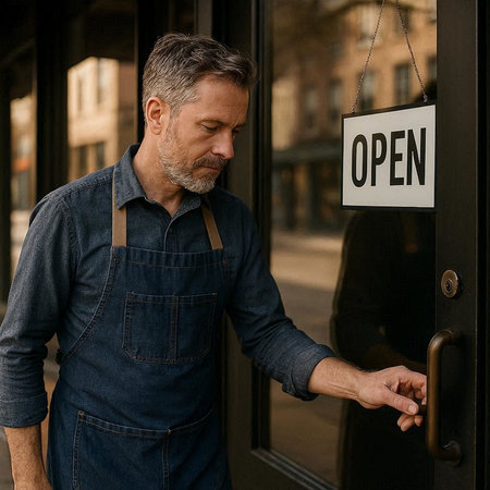 Middle-aged man opening the door of a restaurant with open sign