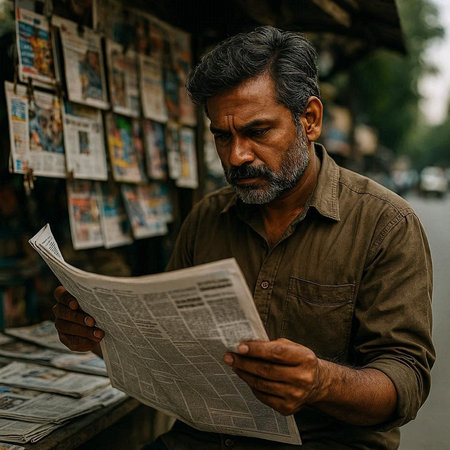 Portrait of a unknown Nepali man reading a newspaper in the street of Kathmandu in the afternoon