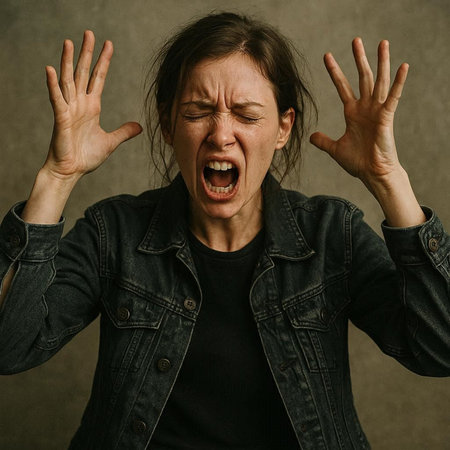 Screaming woman in a denim jacket on a dark background.の写真素材