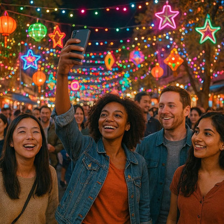 Multiethnic group of friends taking a selfie with a mobile phone at a street food festival