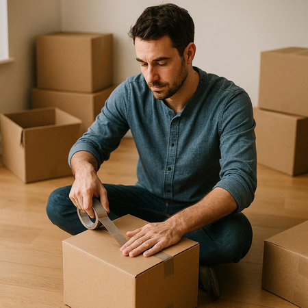 Portrait of a young man packing a cardboard box at new home