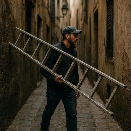 Portrait of a bearded man with a ladder in the old city.