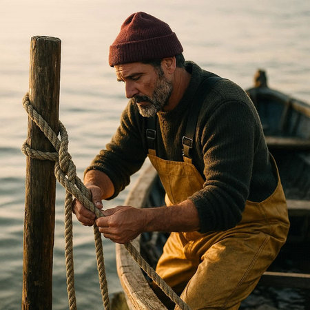 Portrait of a senior man on a fishing boat at sunset.