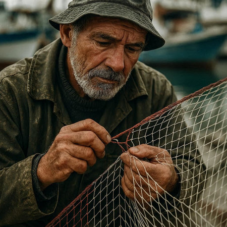 Portrait of a senior fisherman with a fishing net on a boat