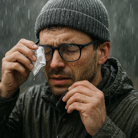 Man with cold and flu sneezing in the rain. Health care concept.