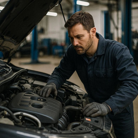 Handsome mechanic working on car in auto repair shop. Handsome bearded man in overalls repairing car.