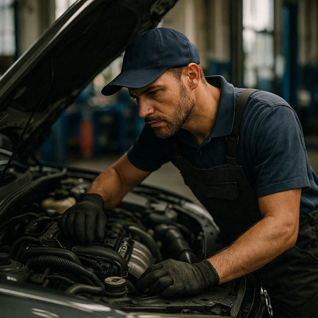 Professional mechanic working on a car in a car repair shop. Car service.