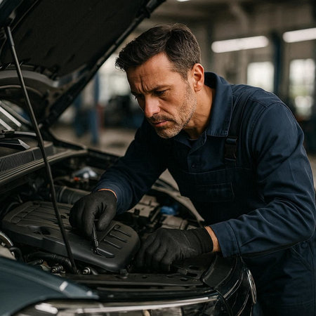 Handsome auto mechanic working in auto repair shop. Handsome bearded man in uniform repairing car.