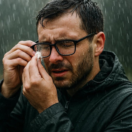 Man in black jacket and glasses with a cigarette in the rain.
