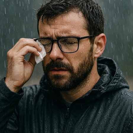 Portrait of a bearded man in a raincoat and glasses.