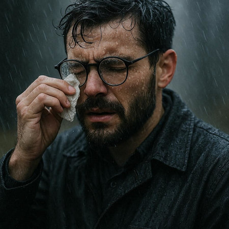 Portrait of a man with a beard and mustache in the rain