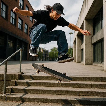 Skateboarder performing a trick on a ramp in the city.