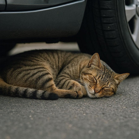 Sleeping tabby cat on the road under the car.