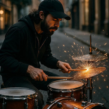 Street musician playing the drums on the street of the old city.