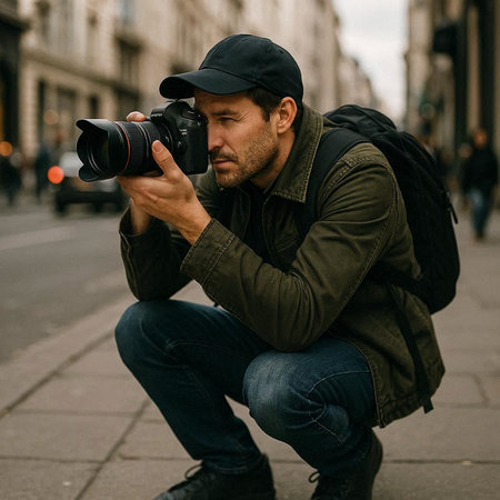 Portrait of a photographer with a camera on the streets of Brussels.