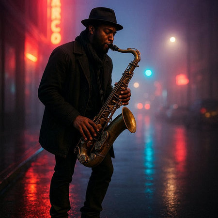 African american jazz musician playing the saxophone in a foggy night