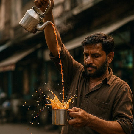 Handsome Indian man pouring hot water from a kettle on a street