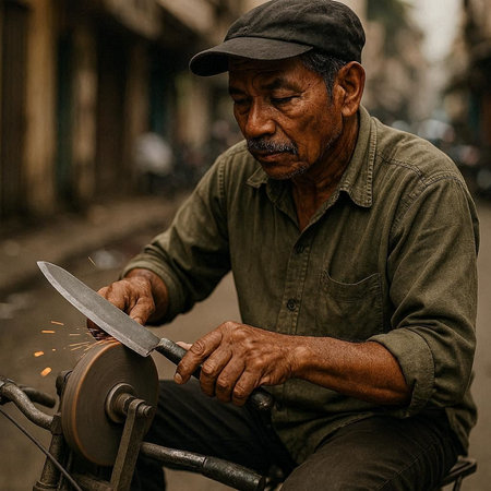 Old man working on a bicycle in the streets of Bangkok, Thailand.