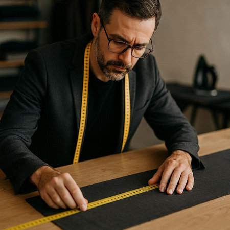 fashion designer in eyeglasses using measuring tape on black cloth in workshop