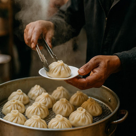 Steamed dumplings with minced meat in a large frying pan