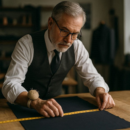 Senior tailor working in his workshop. Senior fashion designer at work.
