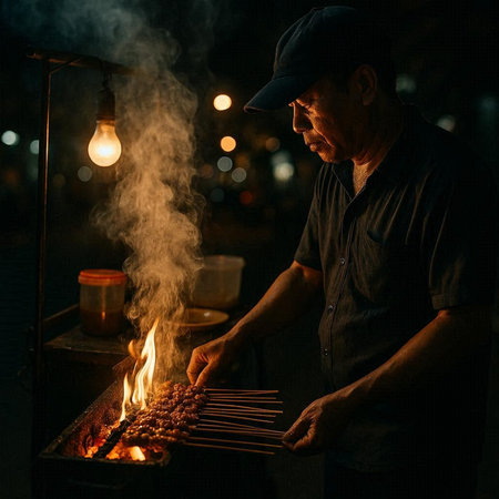 Old man cooking shish kebab on barbecue grill at night