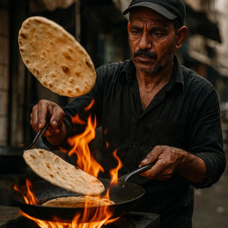 Indian man making chapati or bread on fire in the street.