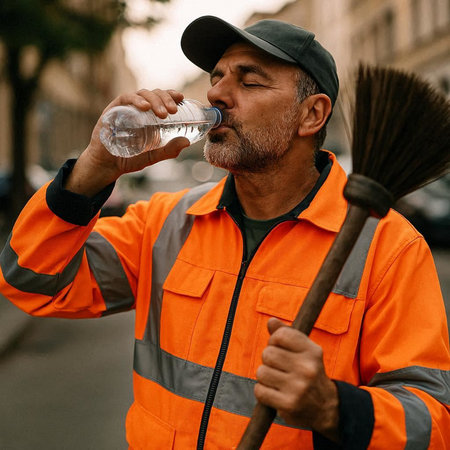 Mature man cleaning street with a broom and drinking water from a bottle