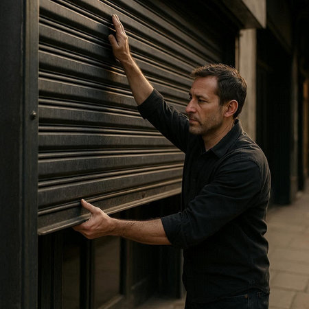 Handsome man in black t-shirt and jeans leaning on a wooden door