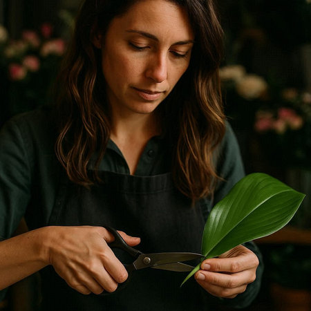 Florist cutting green leaf of plant with scissors in flower shop.