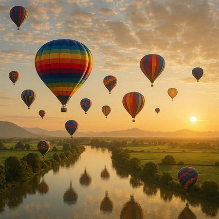 Hot air balloons flying over a river at sunset. 3D Rendering