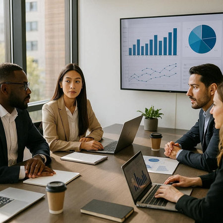 Group of multiethnic business people working together in office. Multiethnic group of business people sitting at table and communicating.