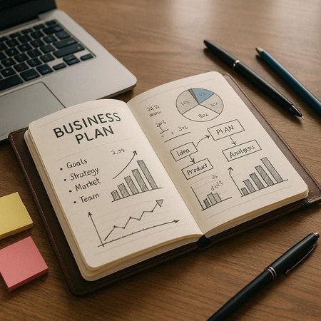 Business Plan Strategy Diagrams Illustration Concept on Notebook Book