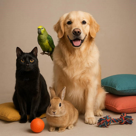 Golden Retriever, green parrot, black cat and dog together