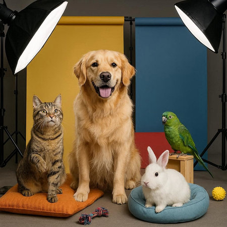 Studio portrait of golden retriever dog, cat and green parrot