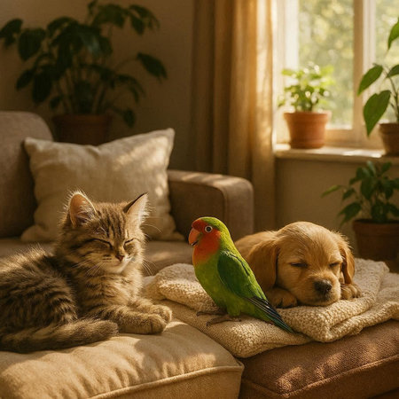 Cat, dog and a parrot sitting on a sofa at home