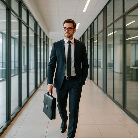 Portrait of a handsome young businessman walking with briefcase in the office