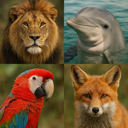 Collage of different images of a lion, parrot and fox