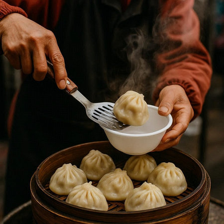 Close-up of steamed dumplings in a bamboo steamer