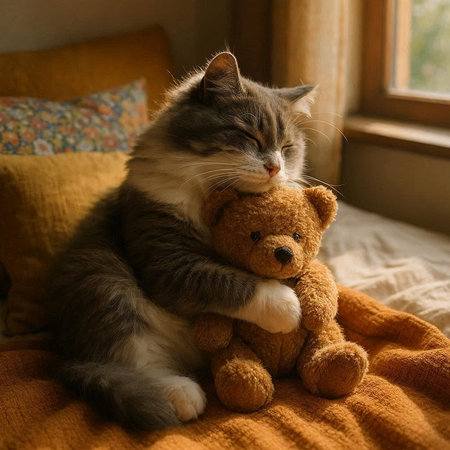 Cute cat with a teddy bear on the windowsill.