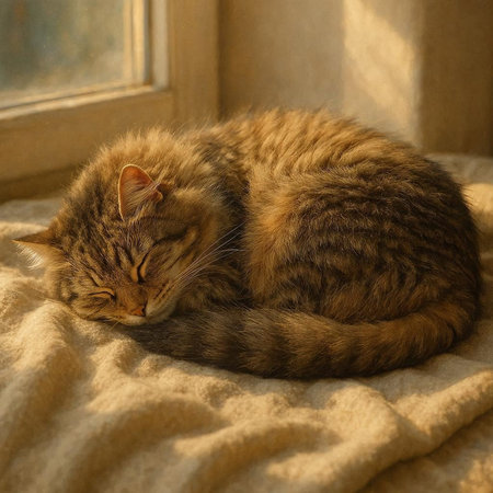 Cute tabby cat sleeping on a soft blanket. Fluffy pet.