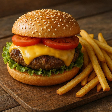 Cheese burger - American cheese burger with Golden French fries on wooden background