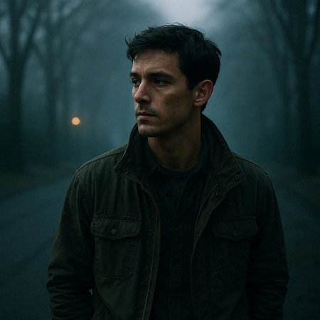 Handsome man in a dark forest with fog in the background
