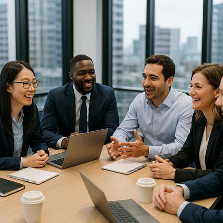 Smiling multiethnic business people sitting at table in conference room