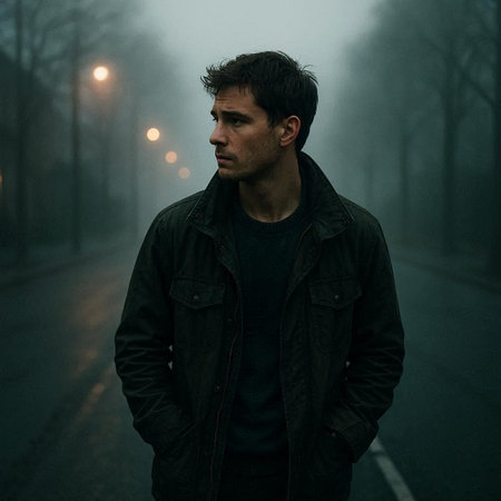 Portrait of a handsome young man standing in a foggy street