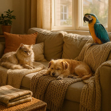 Cat, dog and macaw on the sofa in the living room