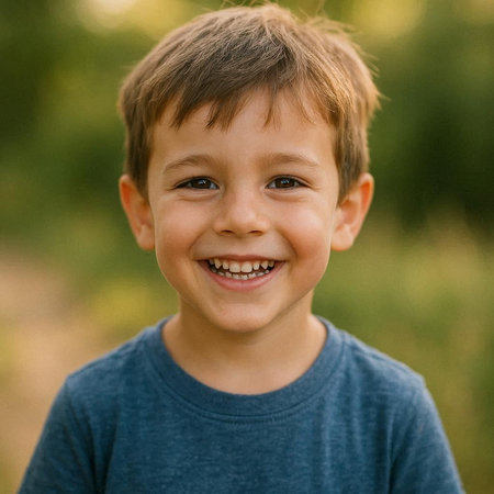 Portrait of a smiling boy in a blue T-shirt.