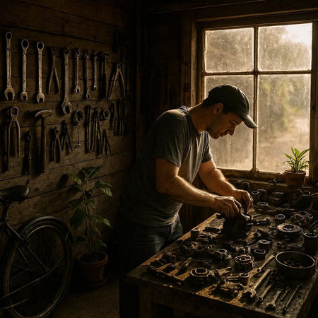 A man is working in his workshop. A man in a gray T-shirt and cap is working with tools.