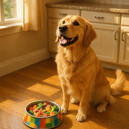 Cute golden retriever dog with bowl of food in the kitchen