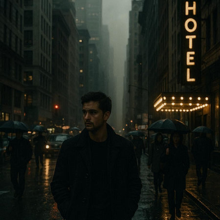 Handsome young man walking in the rain in New York City